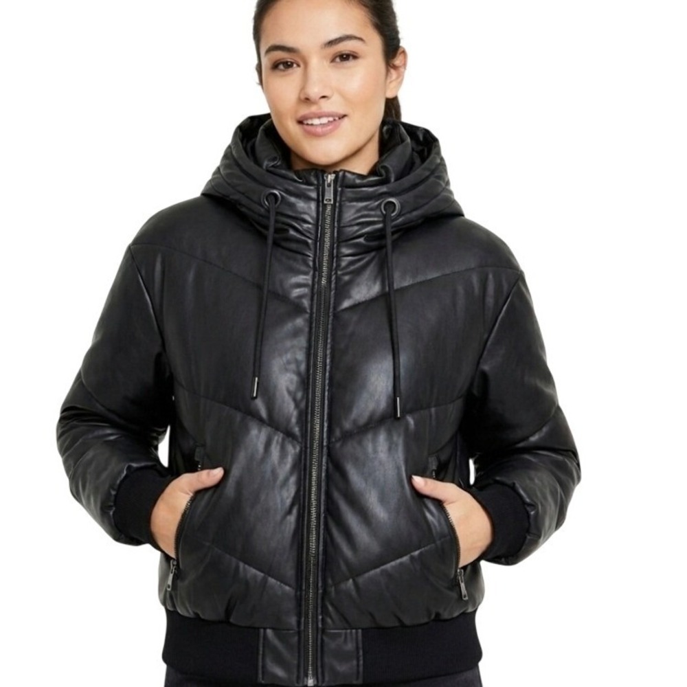 Guess Los Angelas Large Black Puffer Jacket Hooded Zip Front Quilted Womens Chic